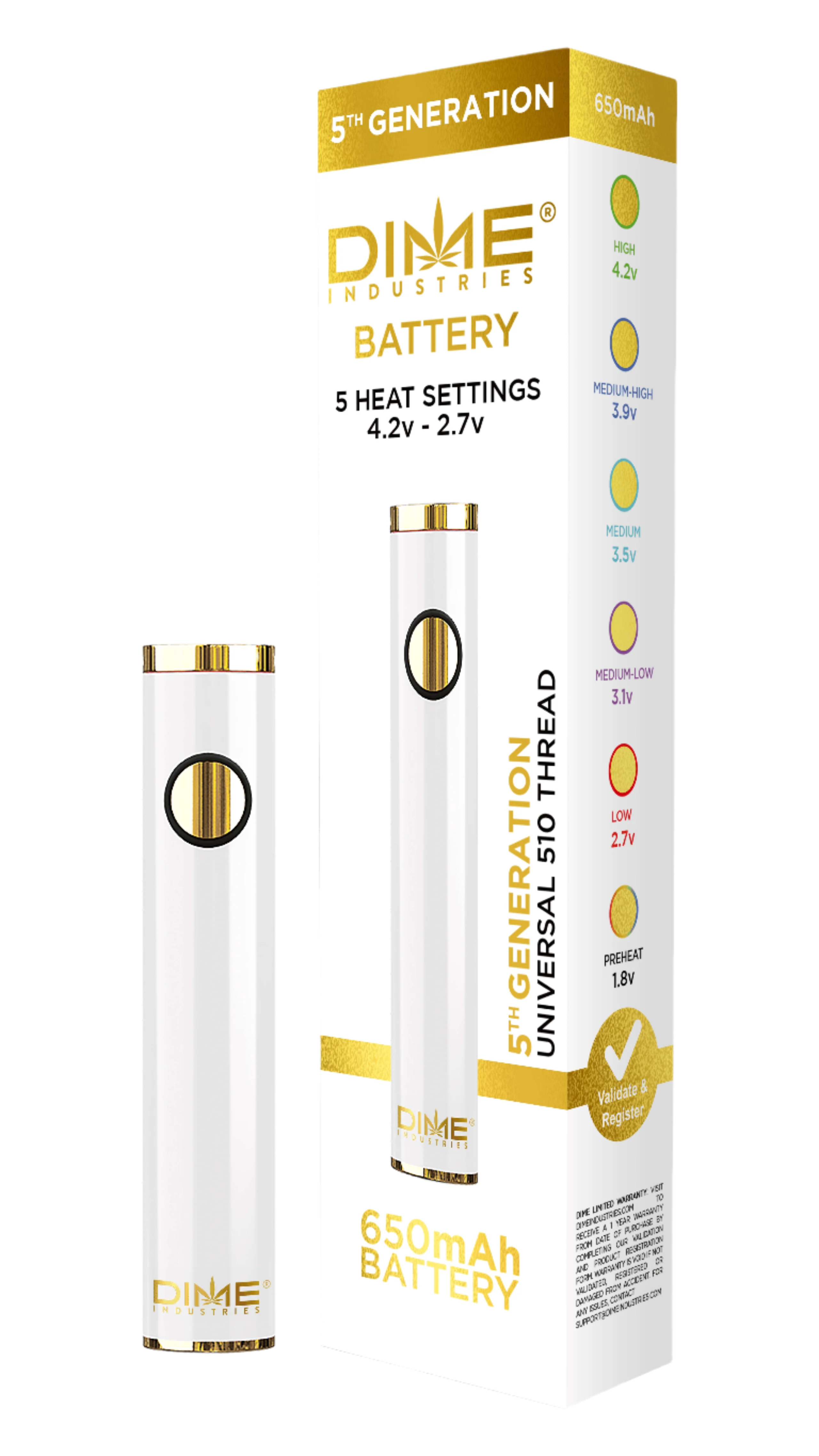 White 5th Generation 510 Thread Battery (Dime Industries)