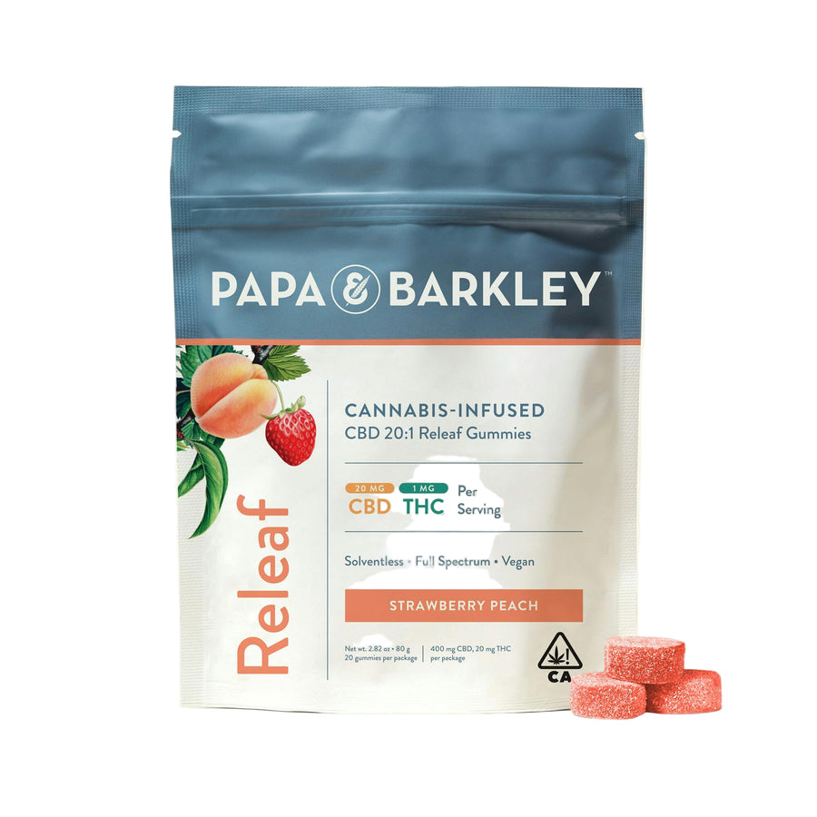 Strawberry Peach 20:1 CBD:THC Releaf Gummies 20pk 400mg CBD:20mg THC (Papa & Barkley)