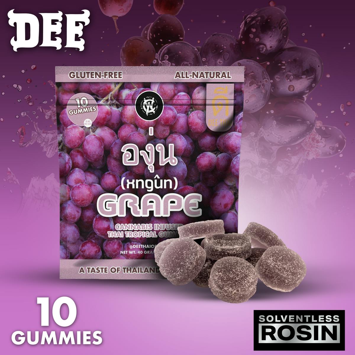 Grape Solventless Rosin Gummies 10pk 100mg THC (Dee Thai)
