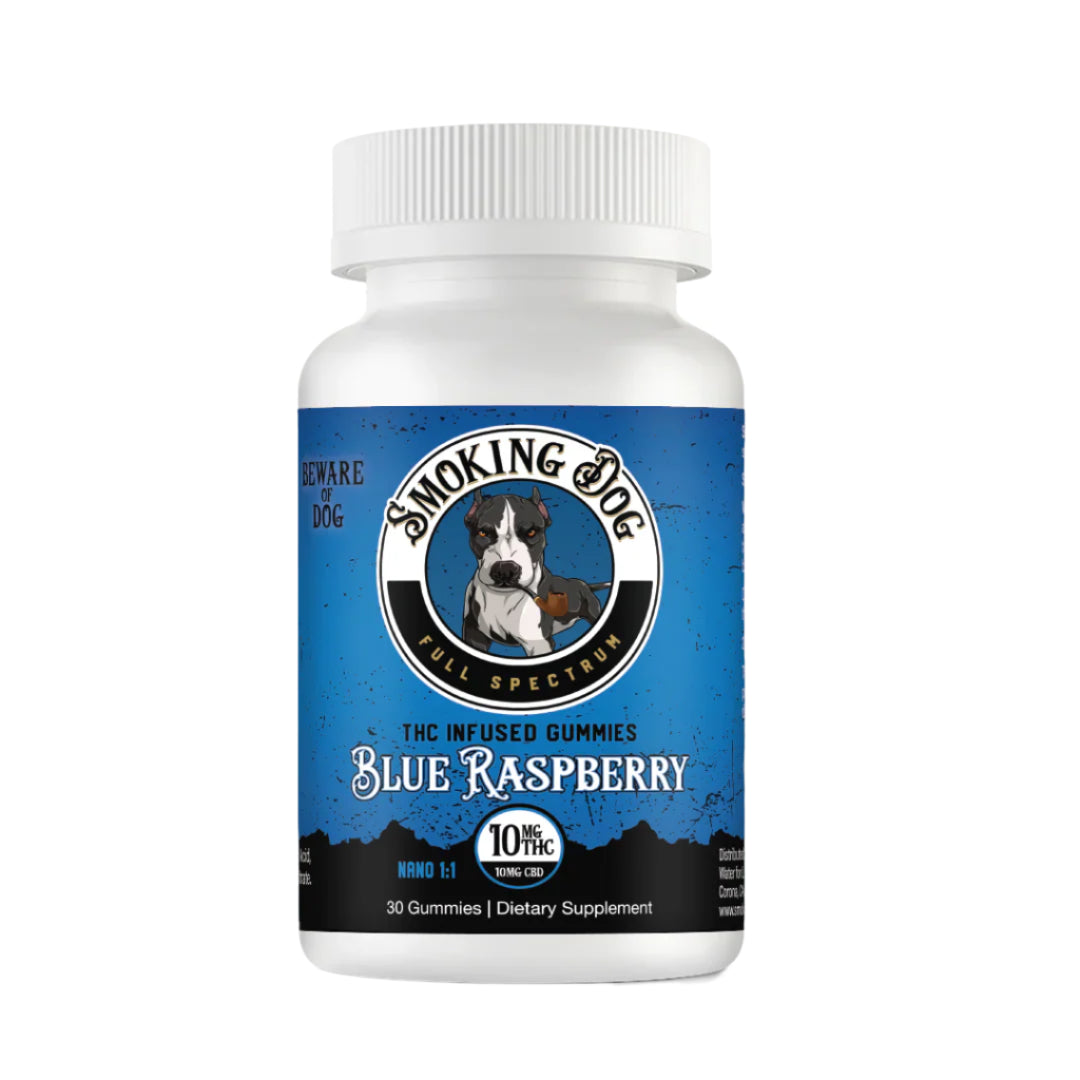 Blue Raspberry Nano 10mg THC : 10mg CBD Infused Gummies (Smoking Dog)