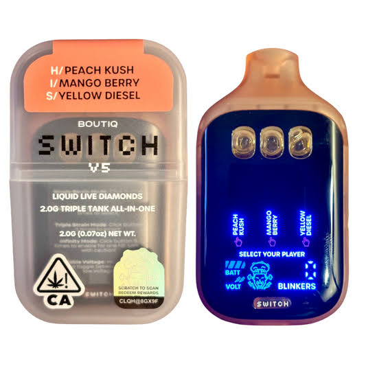 Peach Kush X Mango Berry X Blue Diesel Switch V5 Triple Tank Liquid Live Diamonds Disposable 2g (Boutiq)